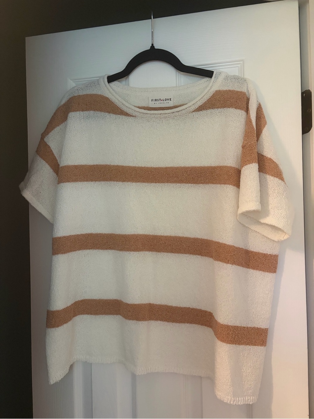 First Love Cream & Tan Striped Short Sleeve Sweater Top